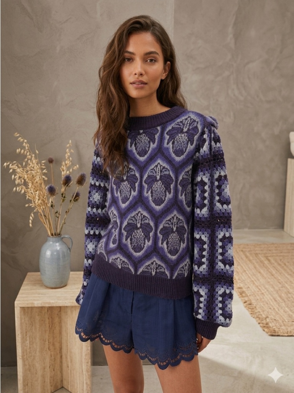FARM Rio Blue Pineapple Cobogo Crochet Knit Sweater Women’s Medium NWT